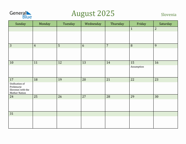 August 2025 Calendar with Slovenia Holidays