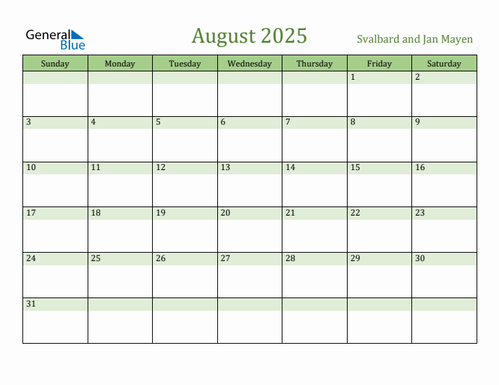 August 2025 Calendar with Svalbard and Jan Mayen Holidays