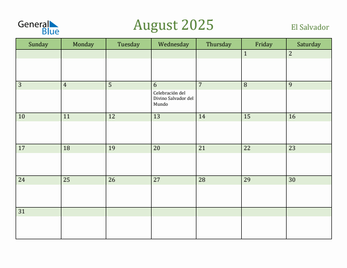 August 2025 Calendar with El Salvador Holidays