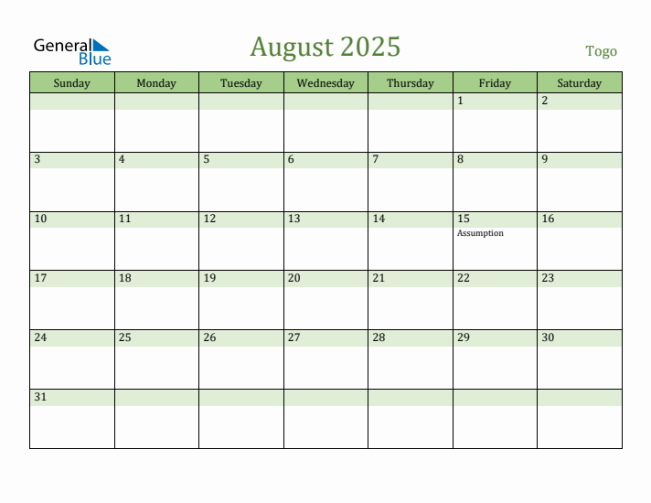 August 2025 Calendar with Togo Holidays