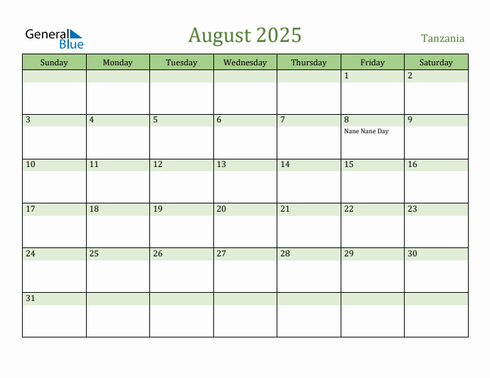 August 2025 Calendar with Tanzania Holidays