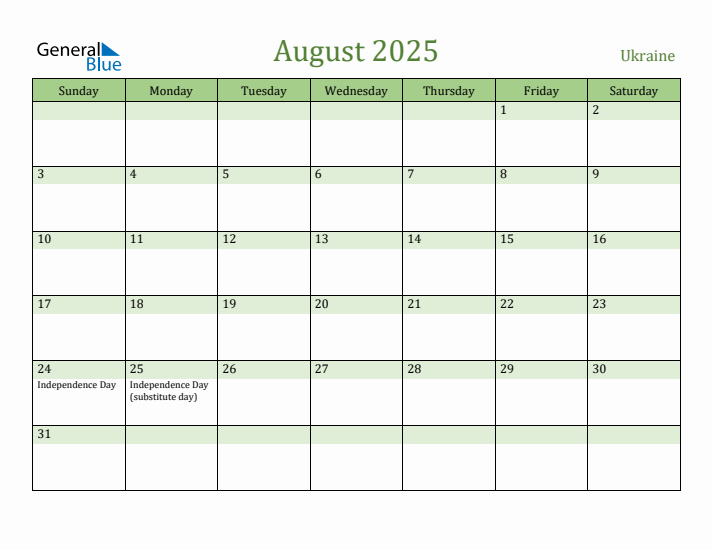August 2025 Calendar with Ukraine Holidays