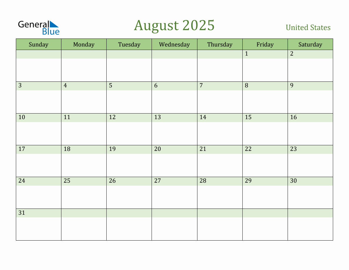 Fillable Holiday Calendar for United States August 2025