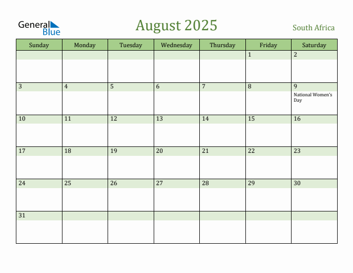 August 2025 Calendar with South Africa Holidays