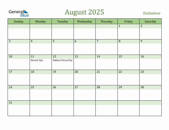 August 2025 Calendar with Zimbabwe Holidays