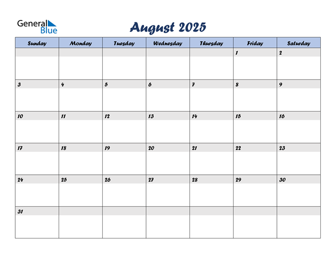 August 2025 Calendar (PDF Word Excel)