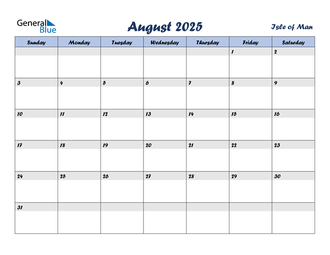 Isle of Man August 2025 Calendar with Holidays