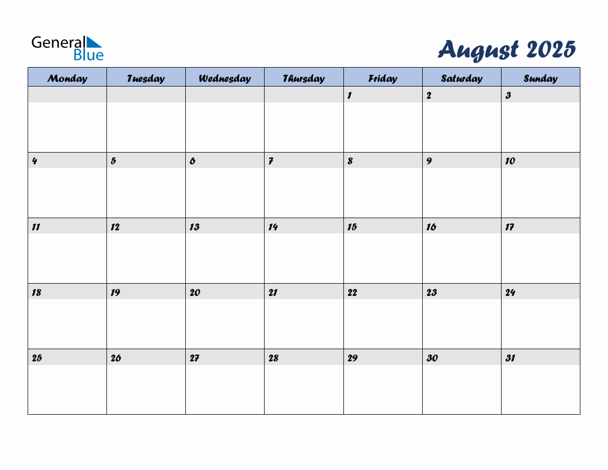 Free August 2025 Monthly Editable Calendar, starting on Monday