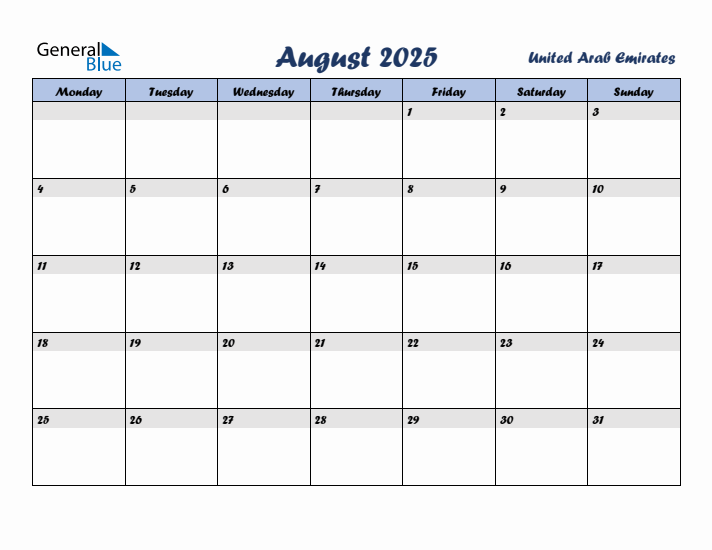 August 2025 Calendar with Holidays in United Arab Emirates