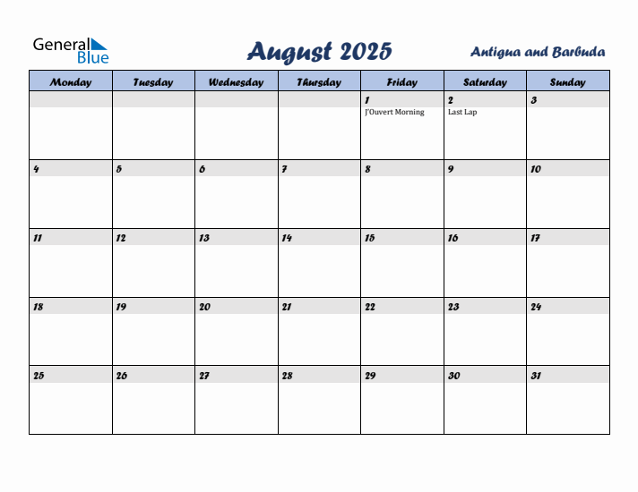 August 2025 Calendar with Holidays in Antigua and Barbuda