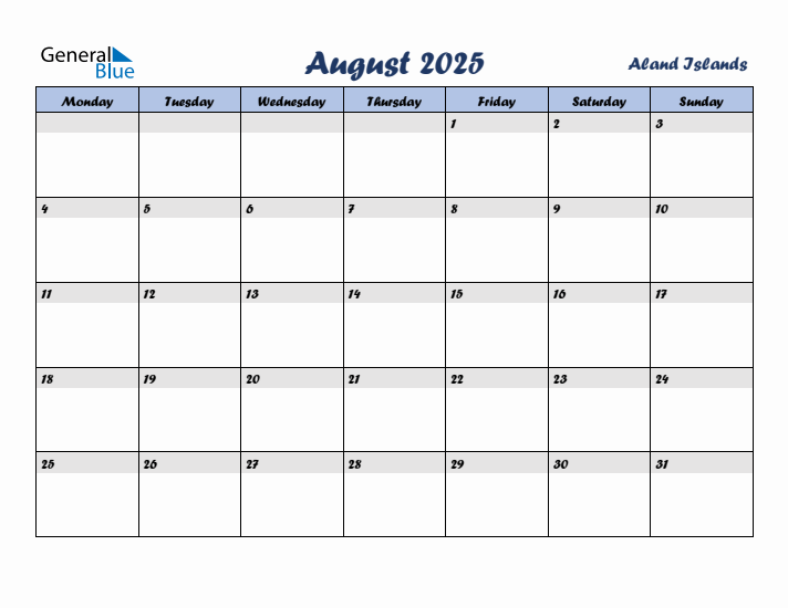 August 2025 Calendar with Holidays in Aland Islands