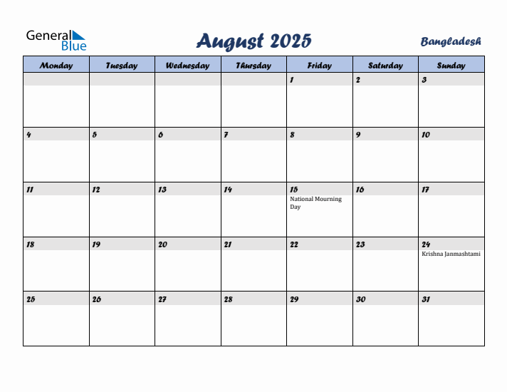 August 2025 Calendar with Holidays in Bangladesh
