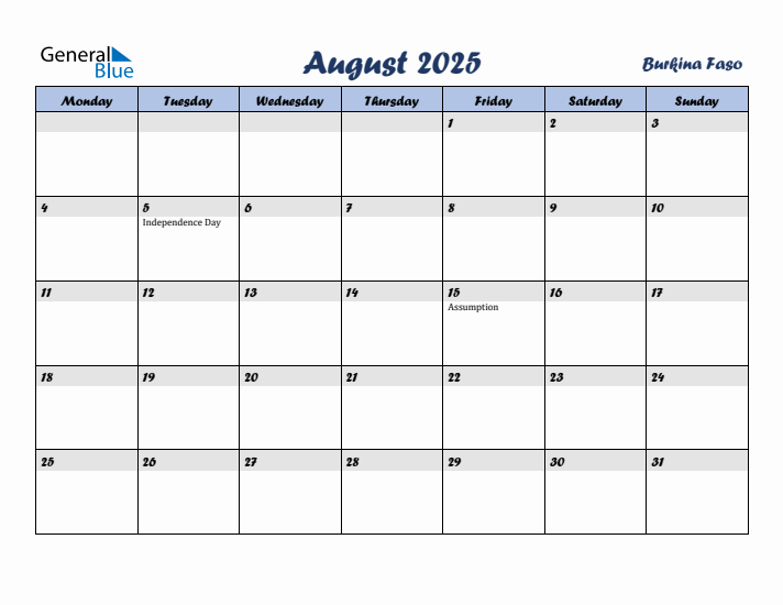 August 2025 Calendar with Holidays in Burkina Faso