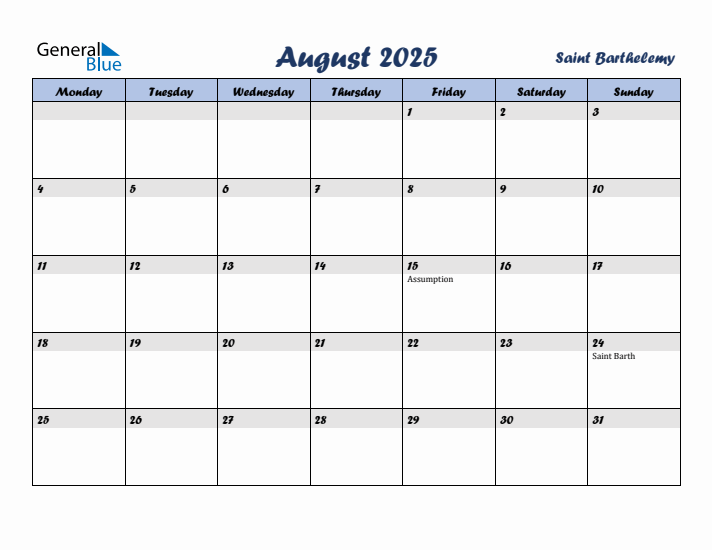 August 2025 Calendar with Holidays in Saint Barthelemy