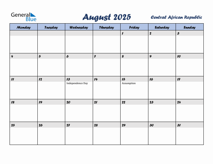 August 2025 Calendar with Holidays in Central African Republic
