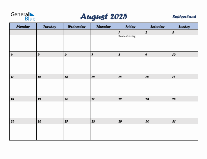 August 2025 Calendar with Holidays in Switzerland