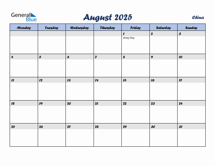 August 2025 Monthly Calendar Template with Holidays for China