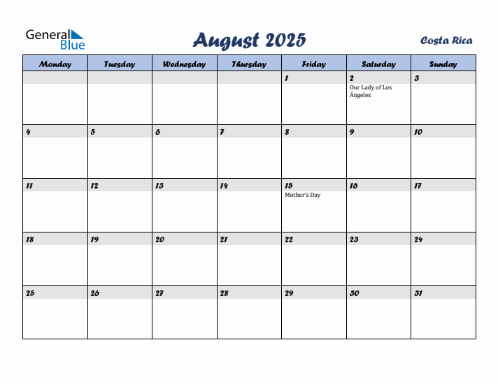 August 2025 Calendar with Holidays in Costa Rica