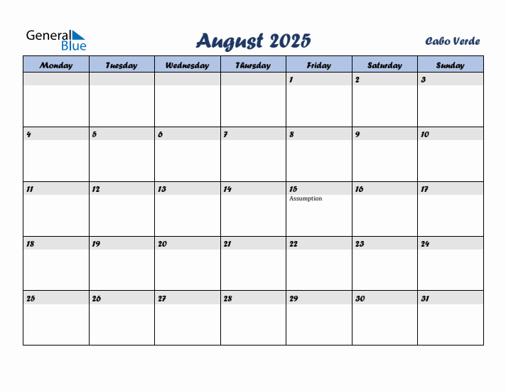 August 2025 Calendar with Holidays in Cabo Verde