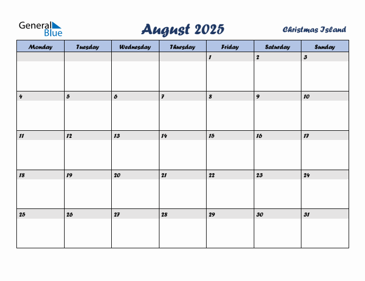 August 2025 Calendar with Holidays in Christmas Island