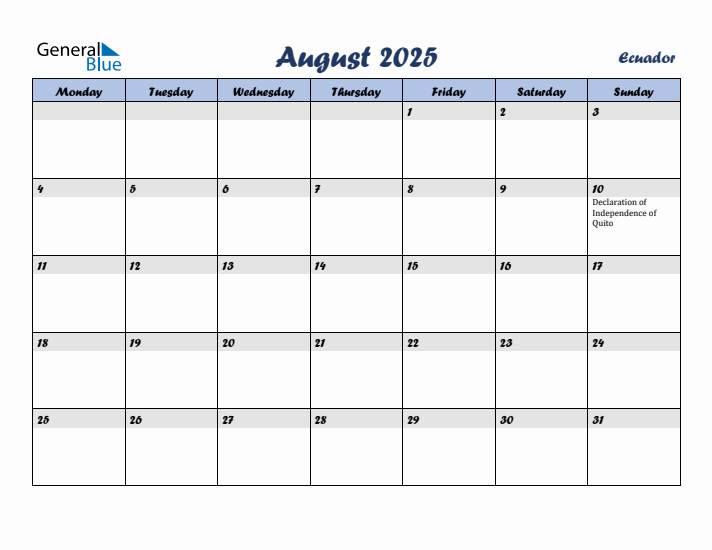 August 2025 Calendar with Holidays in Ecuador