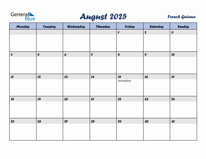 August 2025 Calendar with Holidays in French Guiana
