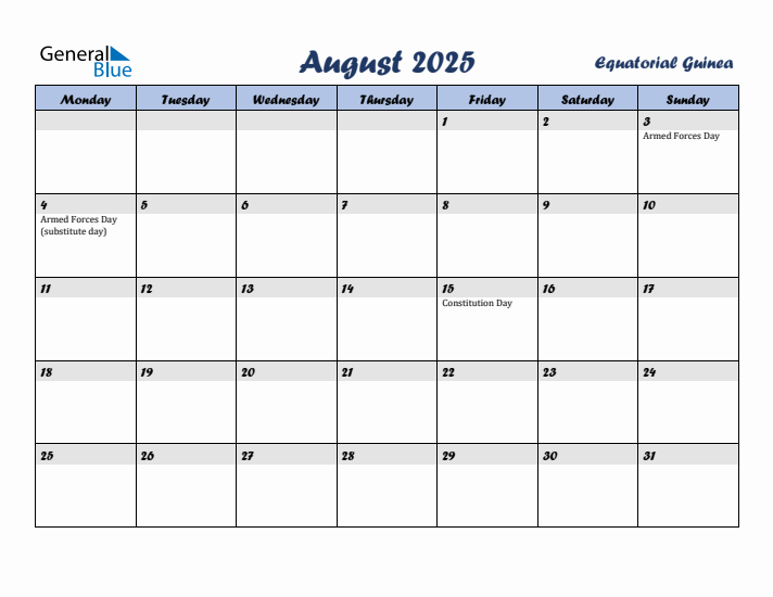 August 2025 Calendar with Holidays in Equatorial Guinea