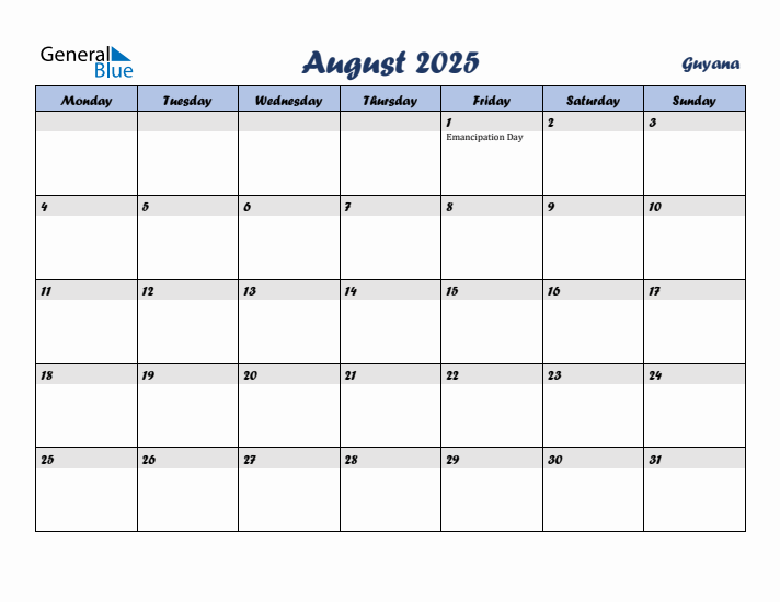 August 2025 Calendar with Holidays in Guyana