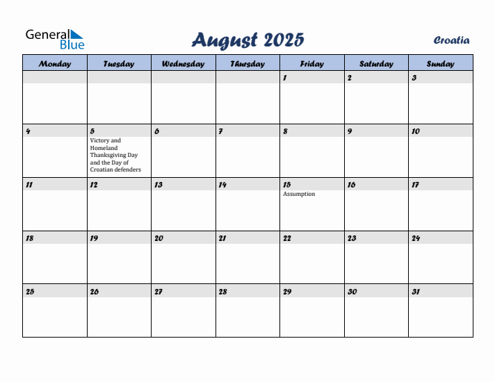 August 2025 Calendar with Holidays in Croatia