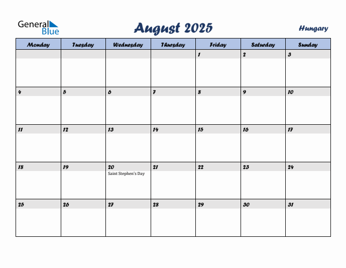August 2025 Calendar with Holidays in Hungary