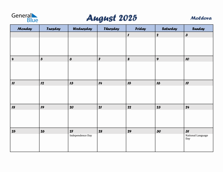 August 2025 Calendar with Holidays in Moldova
