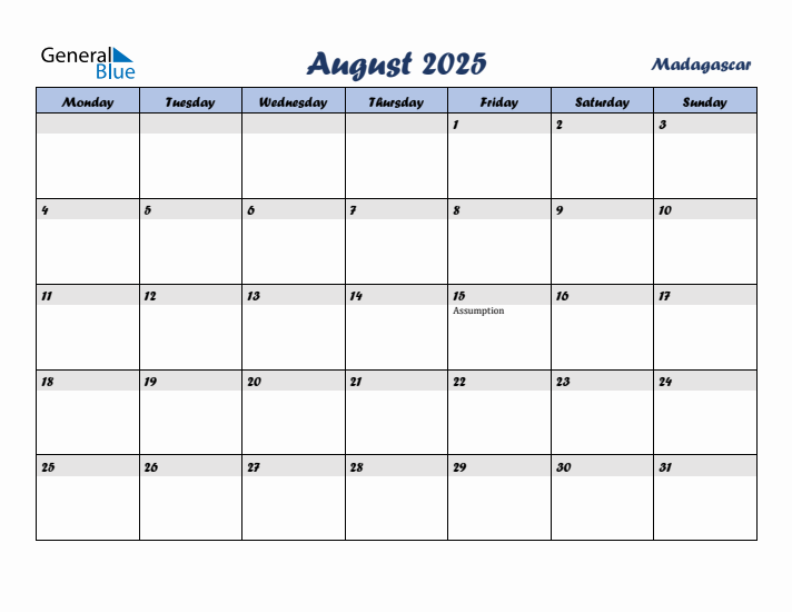 August 2025 Calendar with Holidays in Madagascar