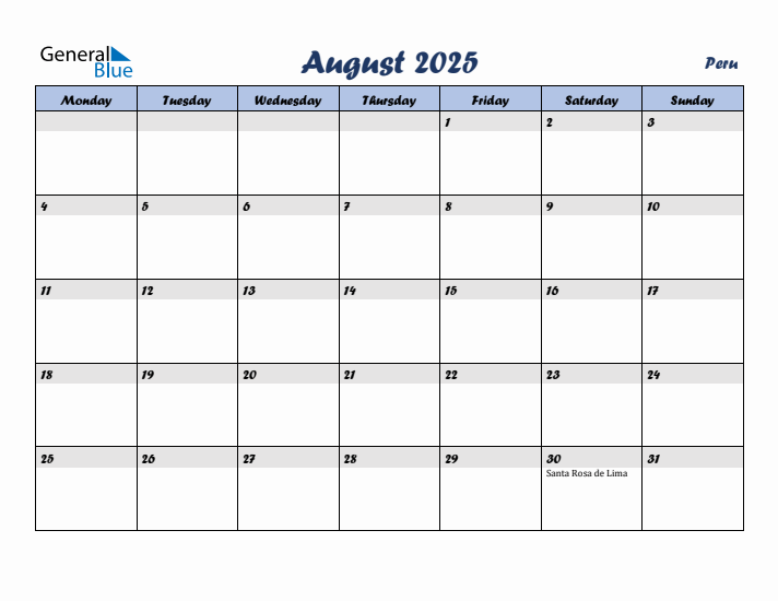 August 2025 Calendar with Holidays in Peru