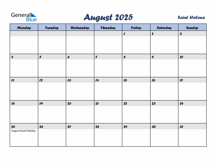 August 2025 Calendar with Holidays in Saint Helena