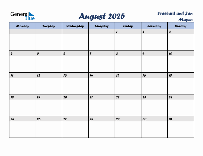 August 2025 Calendar with Holidays in Svalbard and Jan Mayen