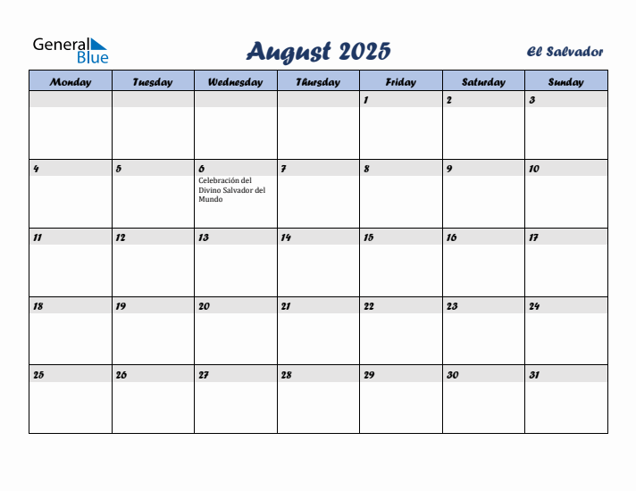 August 2025 Calendar with Holidays in El Salvador