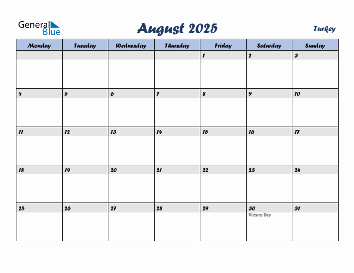 August 2025 Calendar with Holidays in Turkey