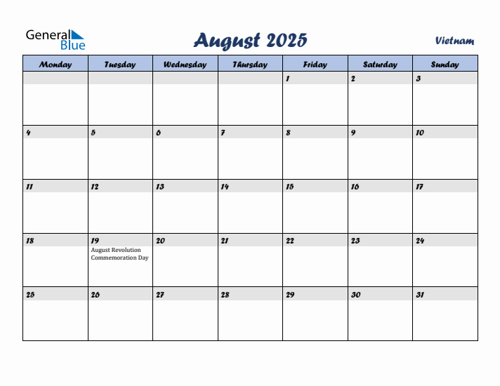 August 2025 Calendar with Holidays in Vietnam