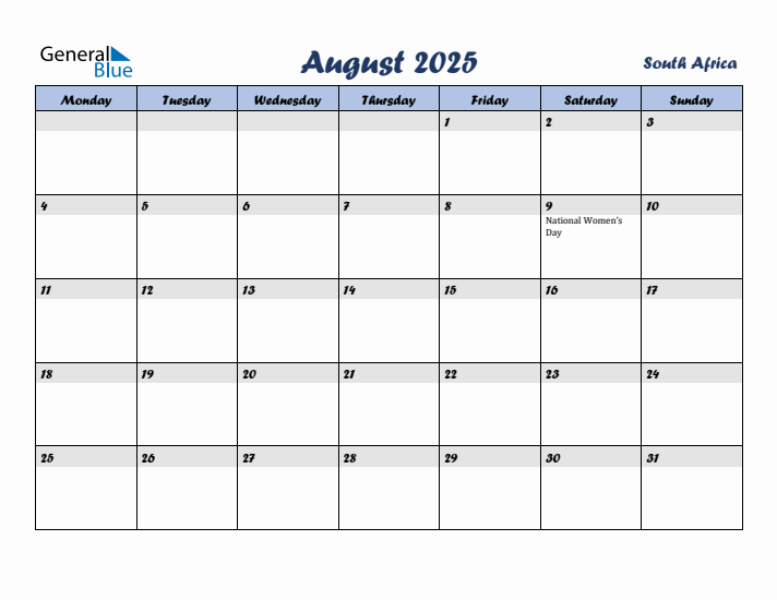August 2025 Monthly Calendar Template with Holidays for South Africa