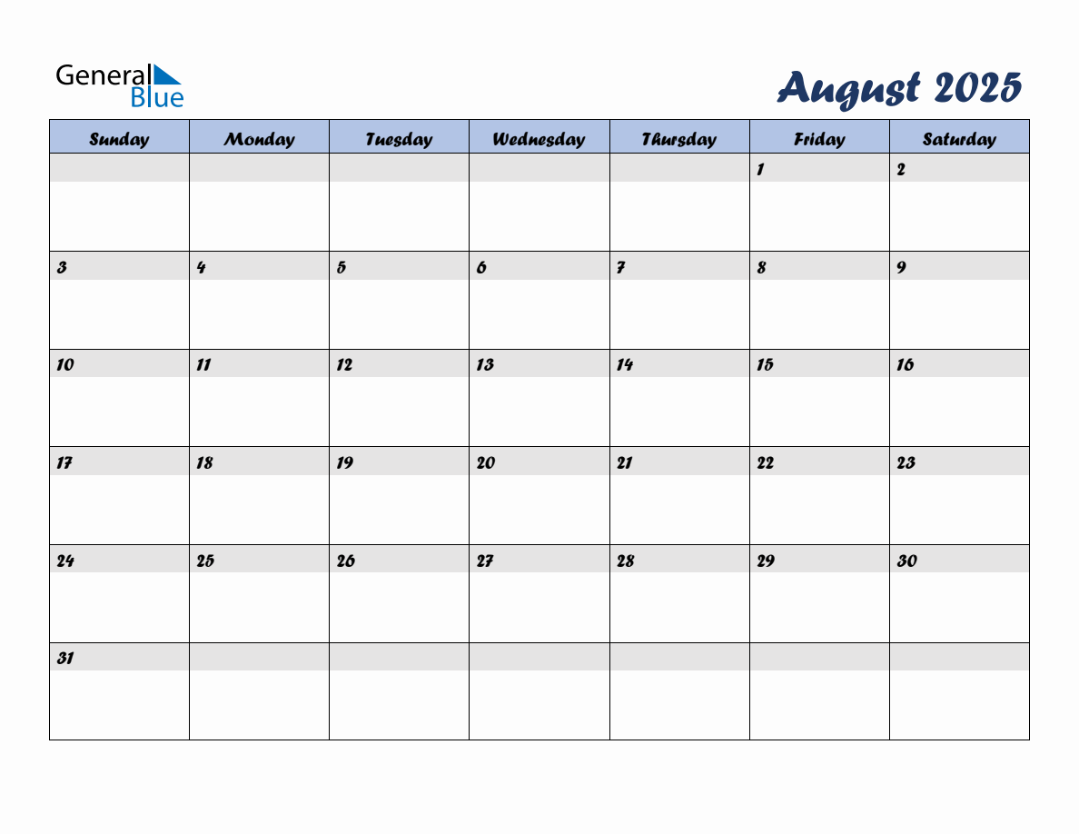 Free August 2025 Monthly Editable Calendar, starting on Sunday