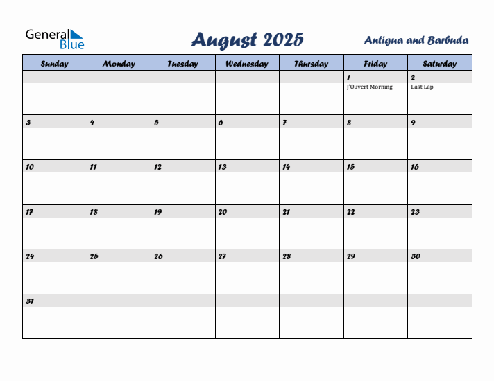 August 2025 Calendar with Holidays in Antigua and Barbuda