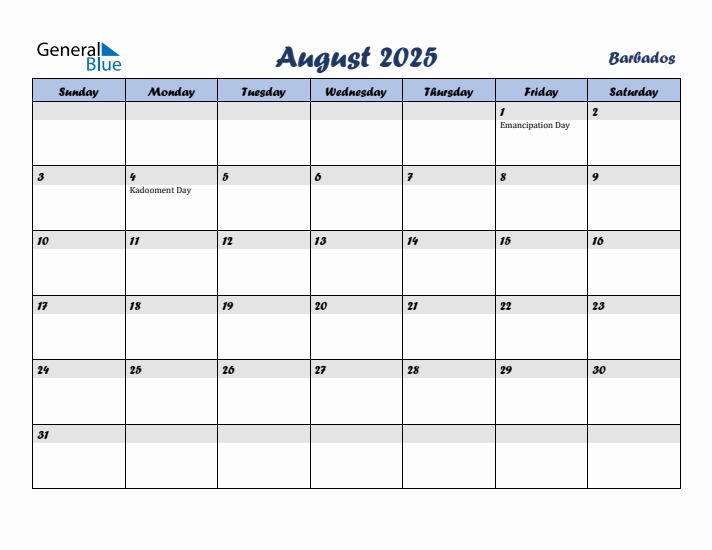 August 2025 Calendar with Holidays in Barbados