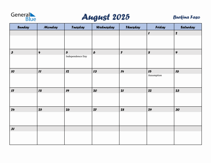 August 2025 Calendar with Holidays in Burkina Faso