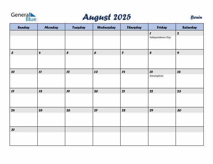 August 2025 Calendar with Holidays in Benin