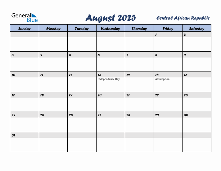 August 2025 Calendar with Holidays in Central African Republic