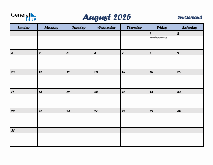 August 2025 Calendar with Holidays in Switzerland