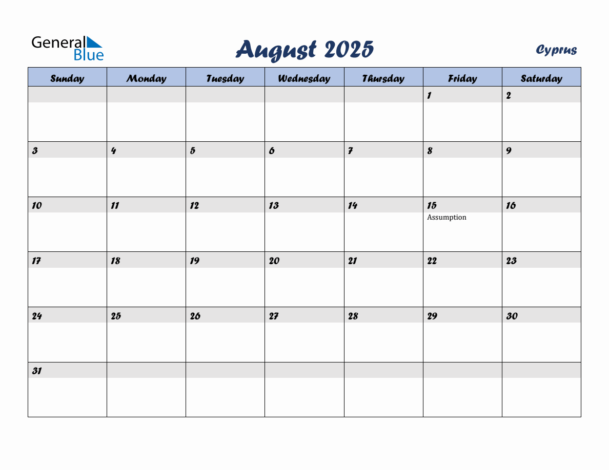 August 2025 Monthly Calendar Template with Holidays for Cyprus