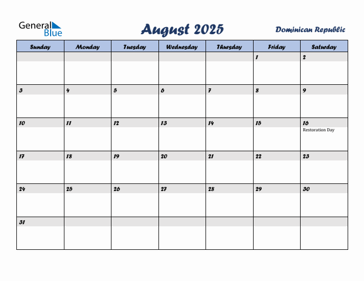 August 2025 Calendar with Holidays in Dominican Republic