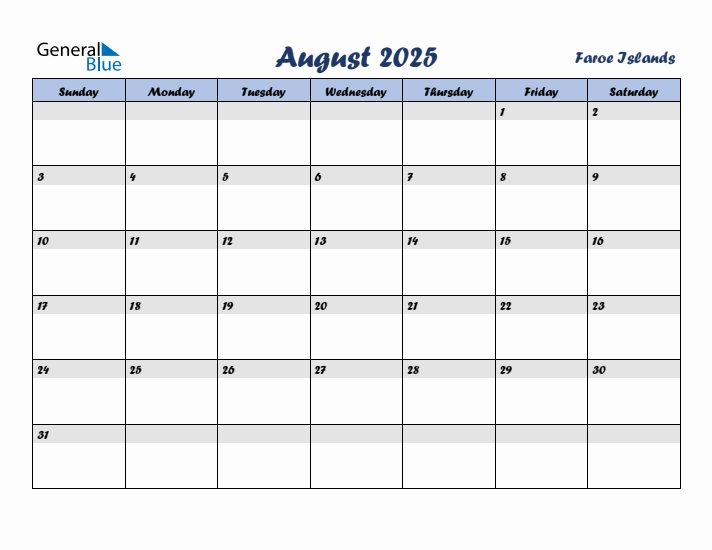 August 2025 Calendar with Holidays in Faroe Islands
