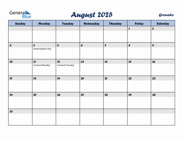August 2025 Calendar with Holidays in Grenada